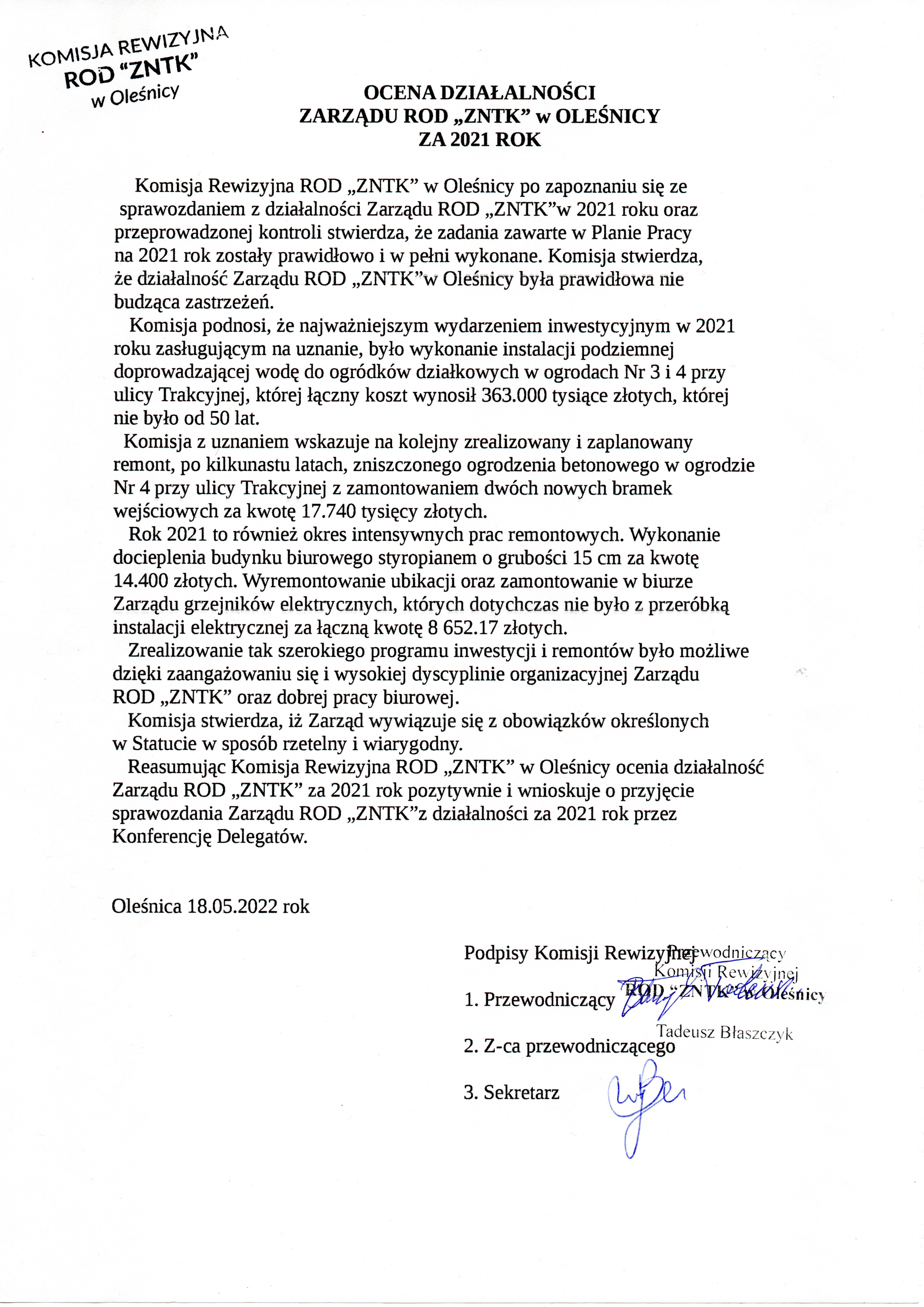 Ocena Komisji Rewizyjnej