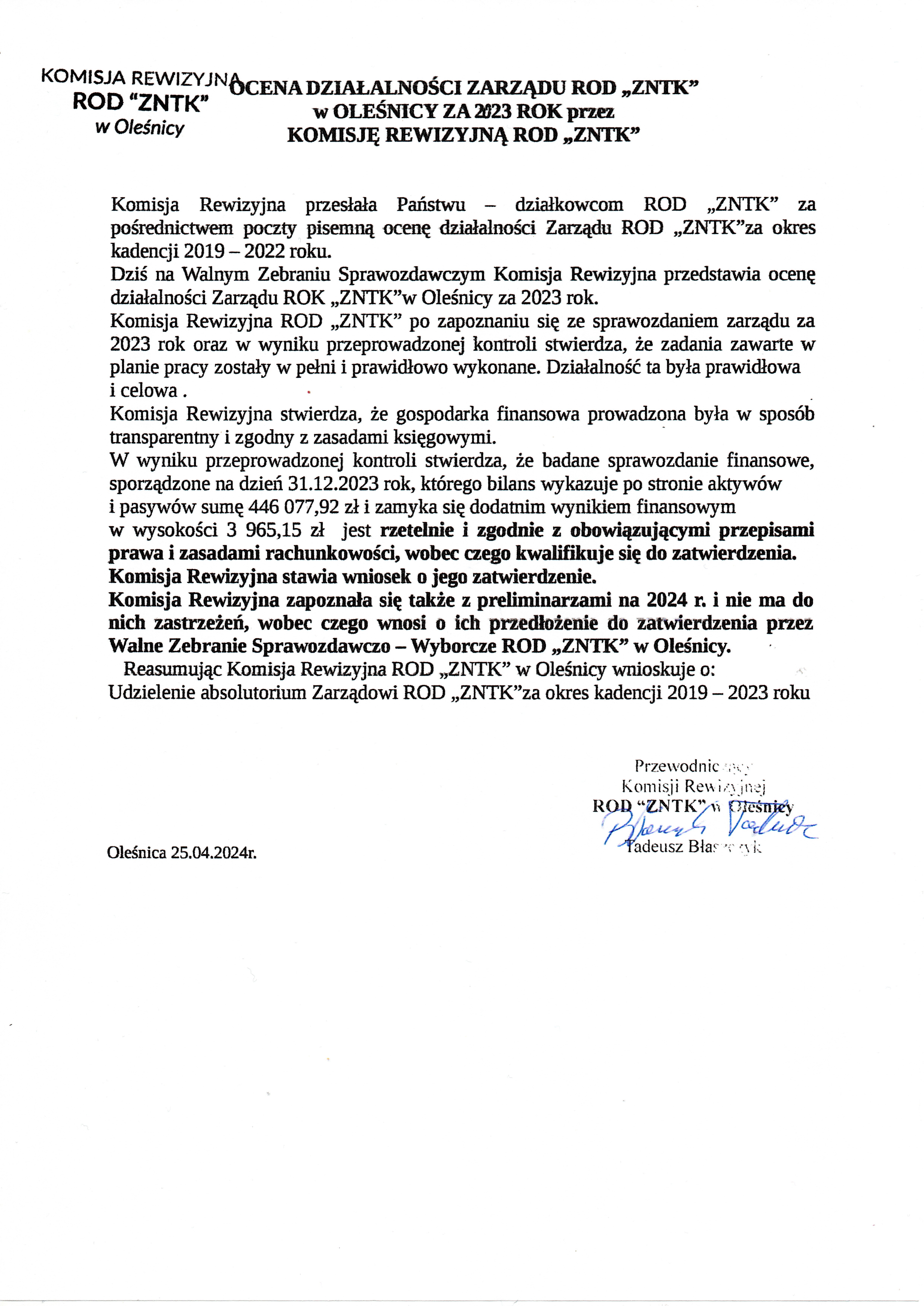 Ocena Komisji Rewizyjnej 2023