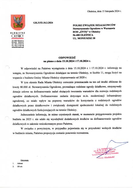 Odpowiedż na nasze pismo