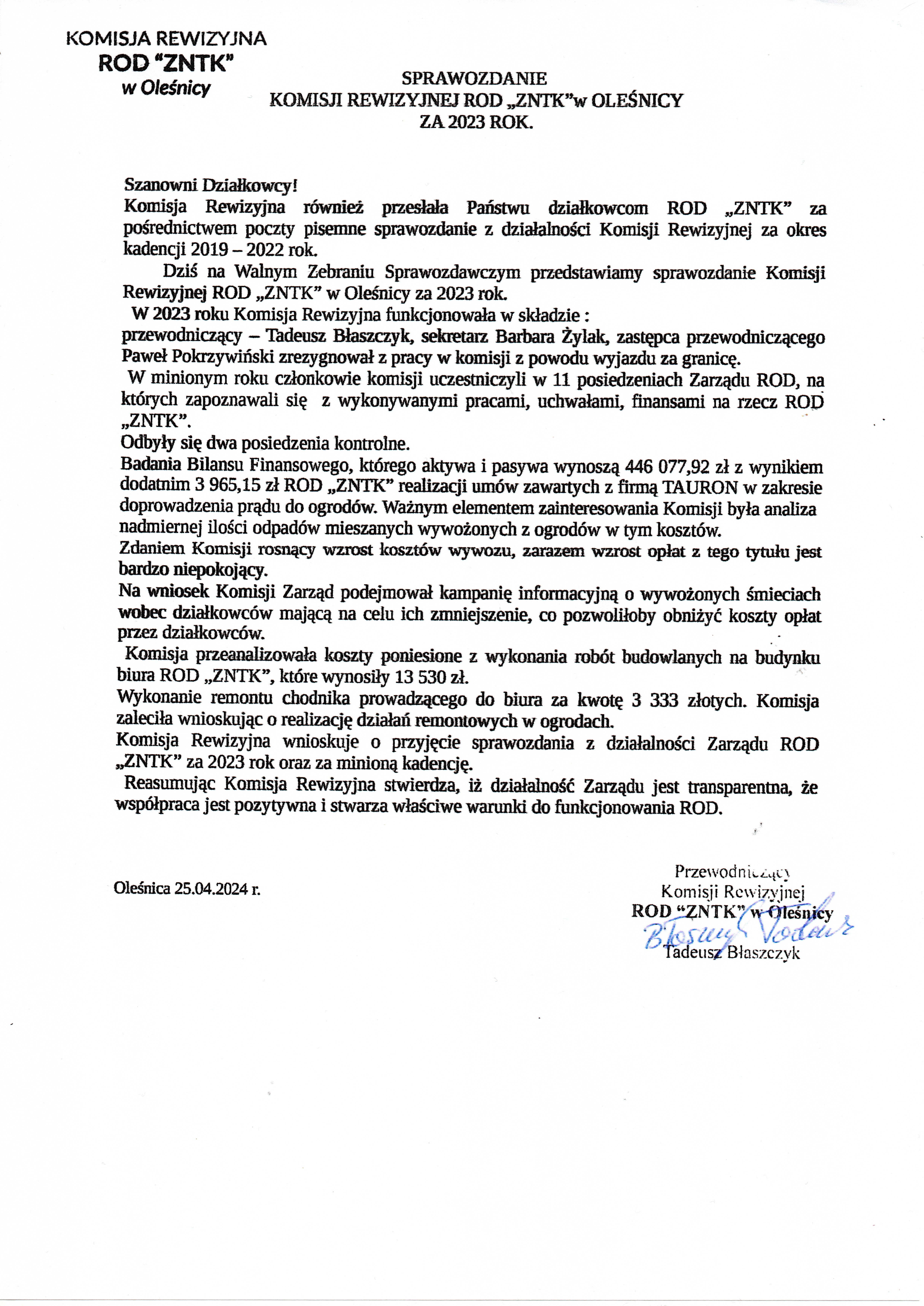 Sprawozdanie Komisji Rewizyjnej